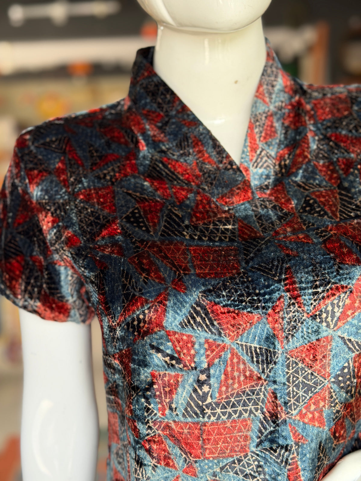 Indigo n maroon velvet Ajrakh hand block printed top