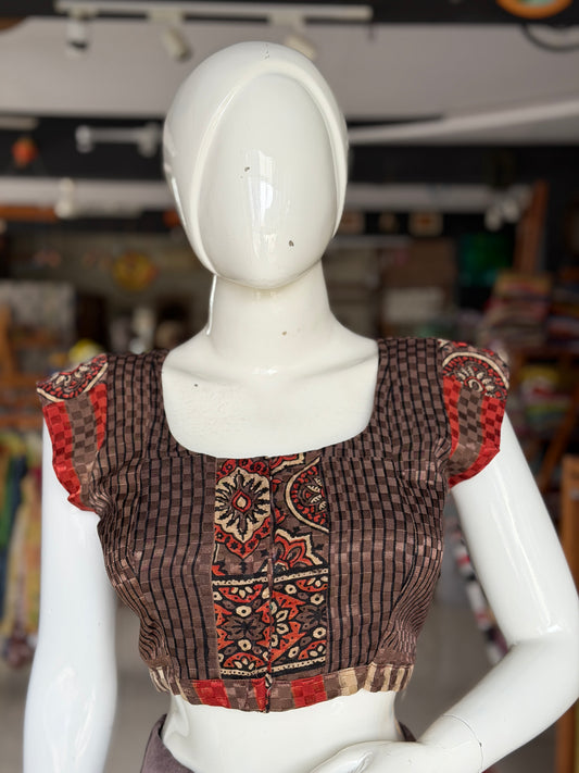 Brown n beige Ajrakh hand block printed front open satin cotton blouse