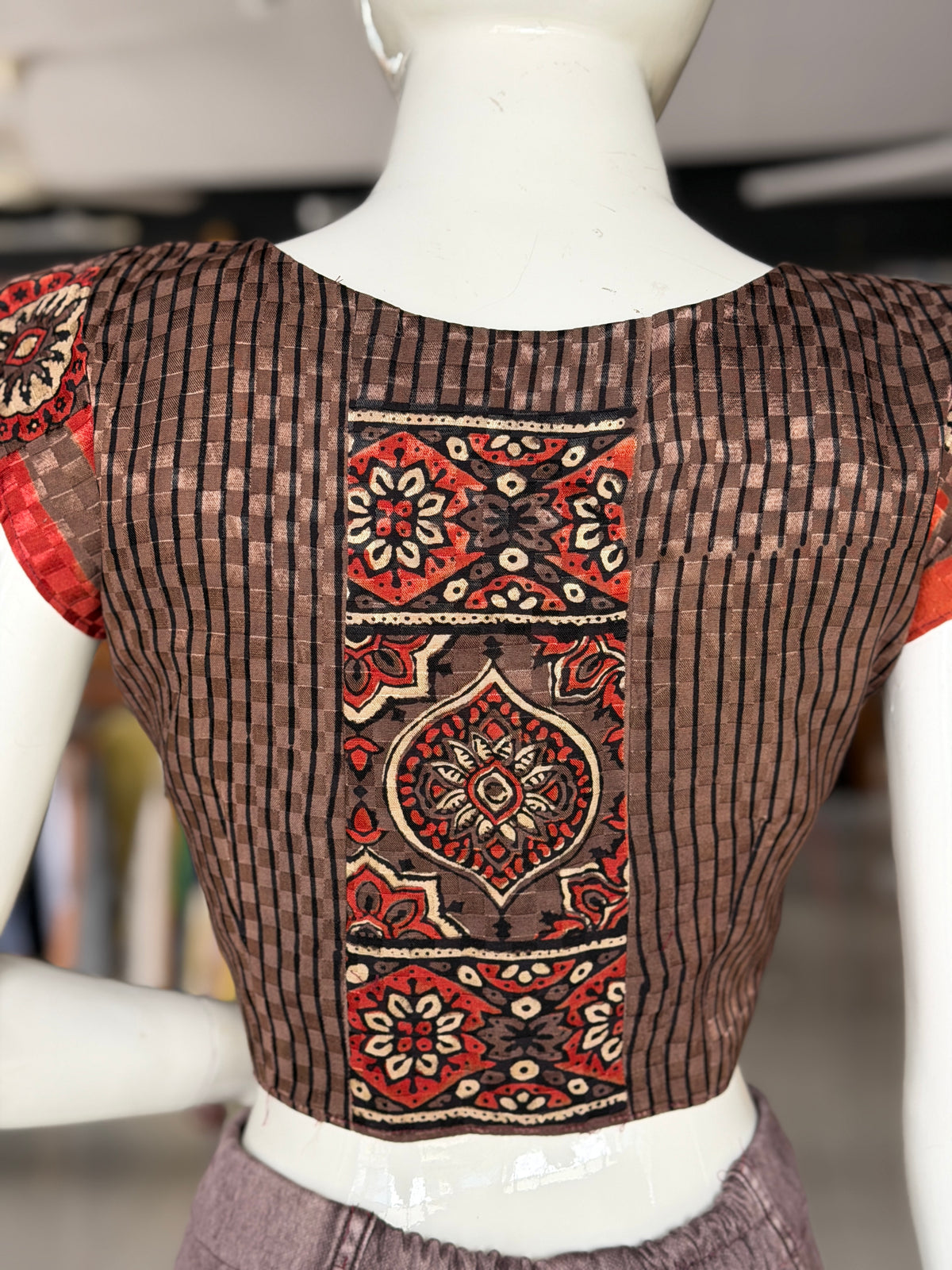 Brown n beige Ajrakh hand block printed front open satin cotton blouse