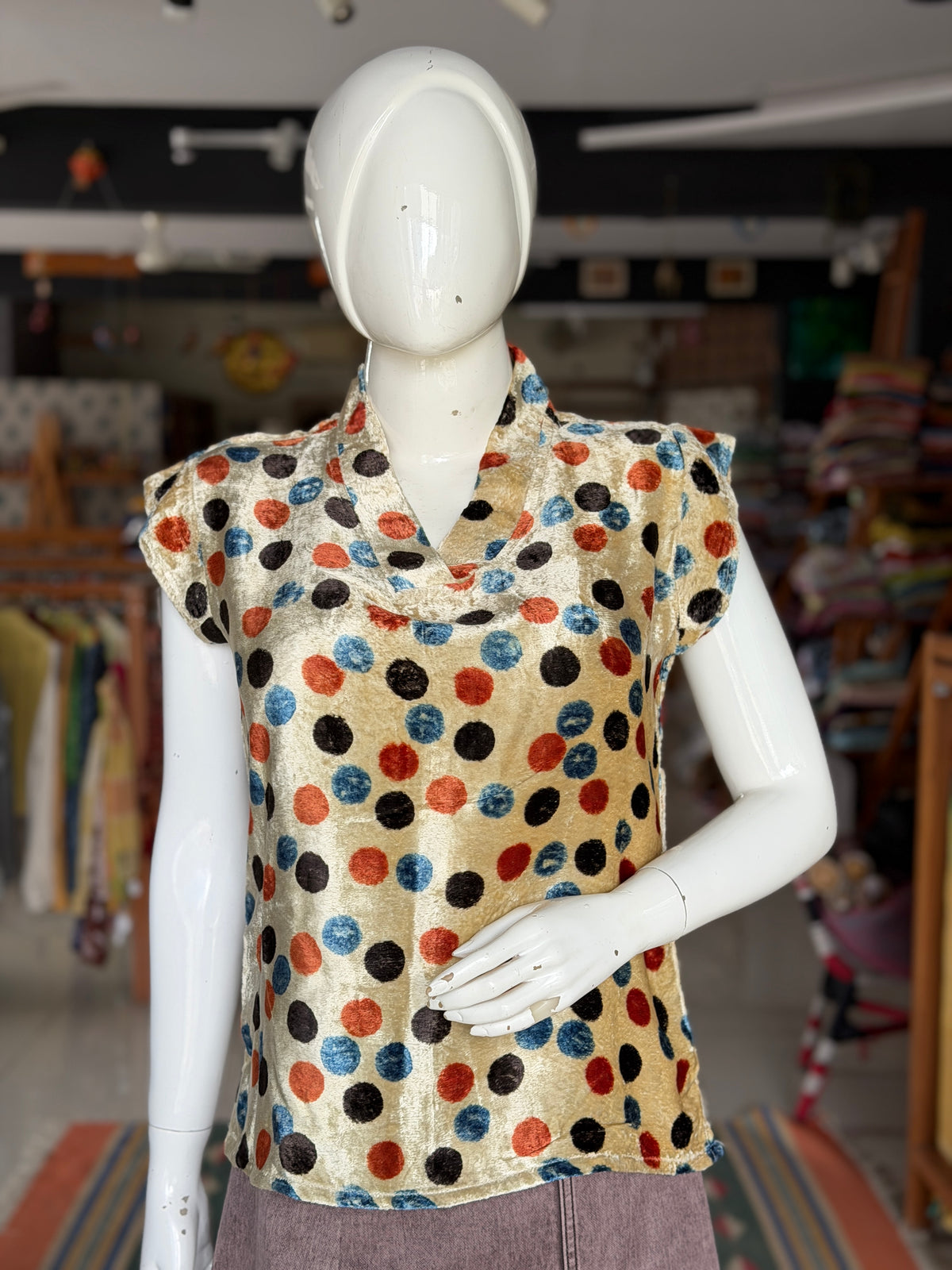 Off white velvet Ajrakh hand block printed top with colorful circles