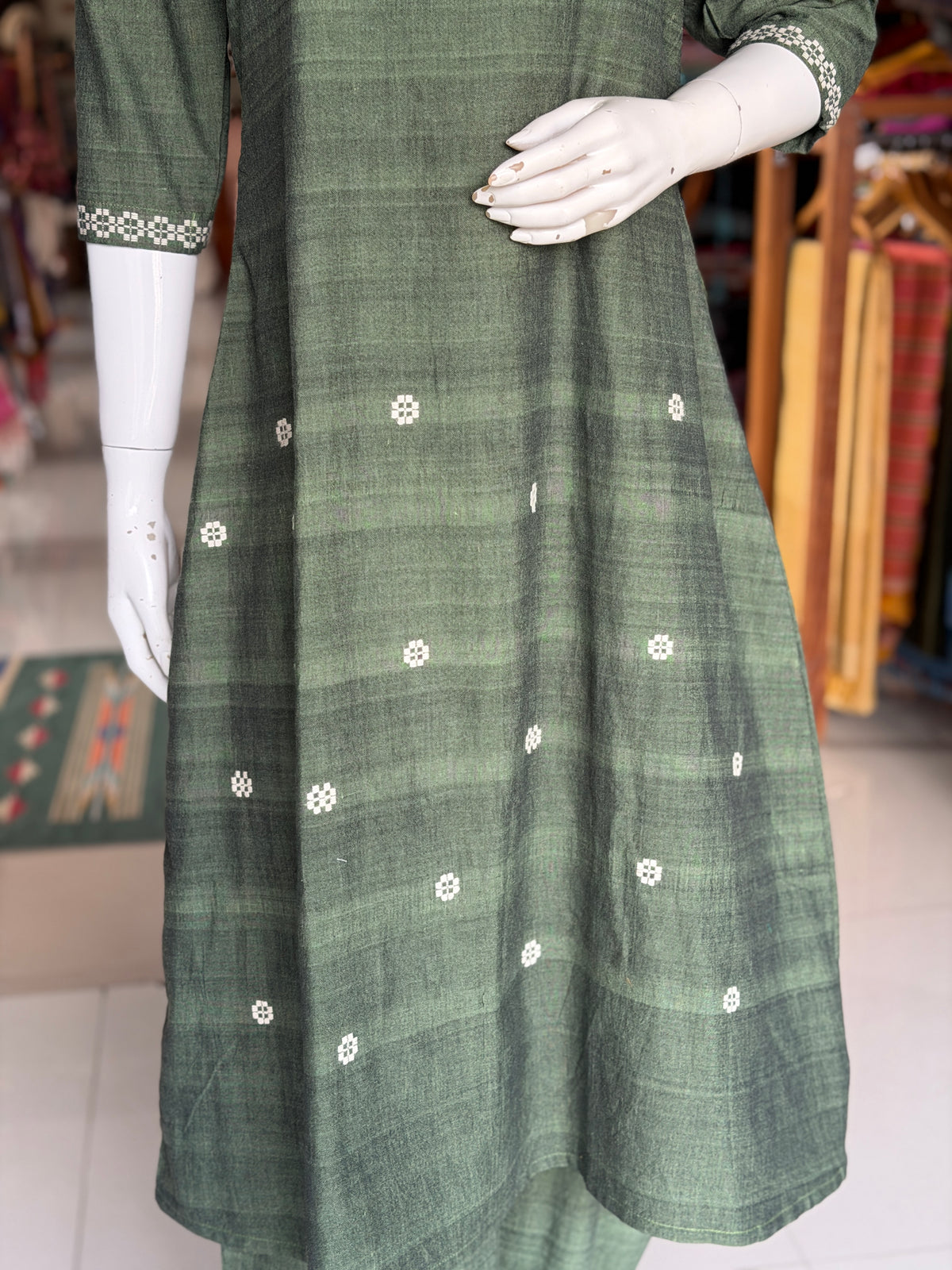 Assam handloom cotton green coord set with woven butis