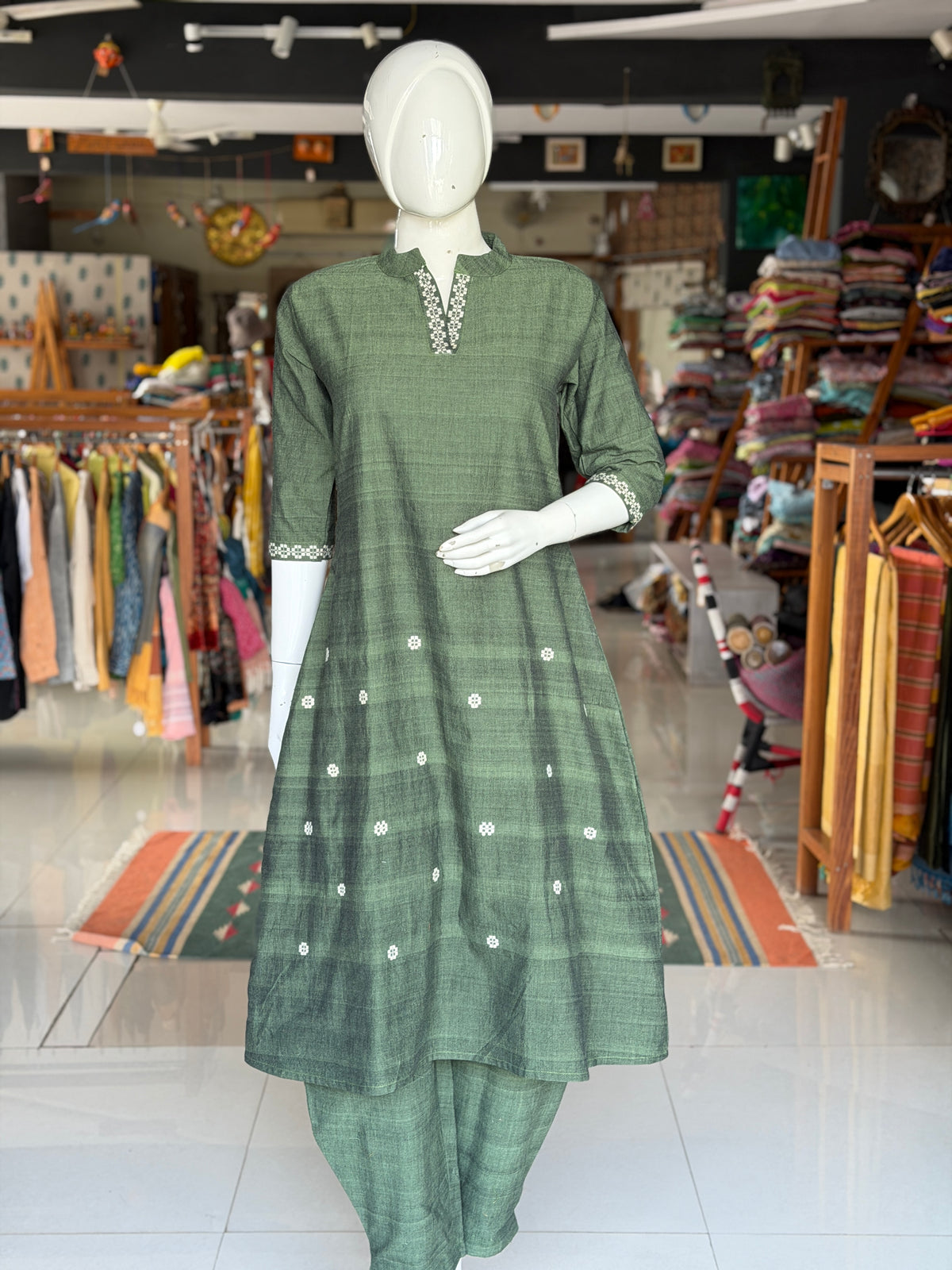 Assam handloom cotton green coord set with woven butis