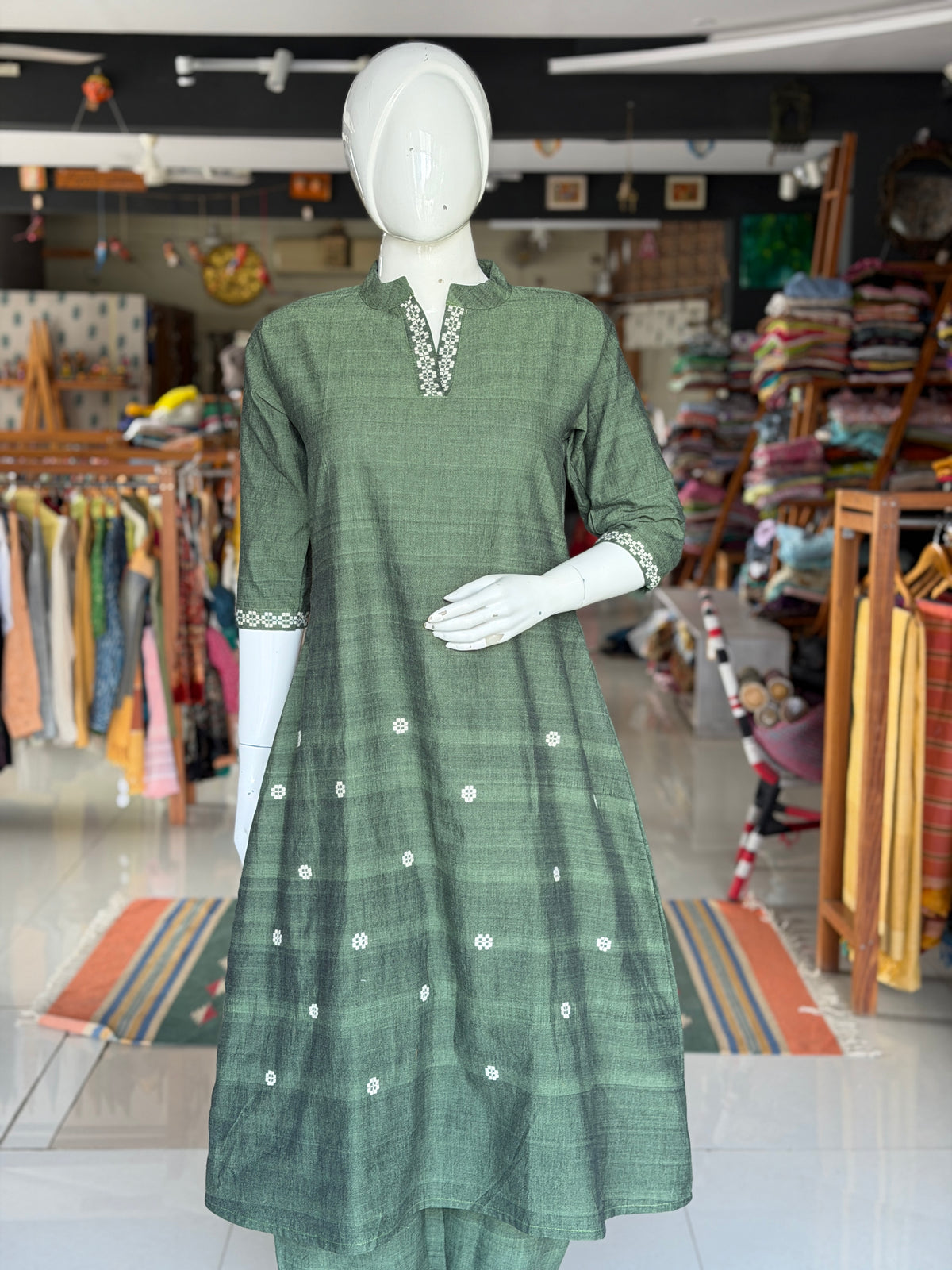 Assam handloom cotton green coord set with woven butis