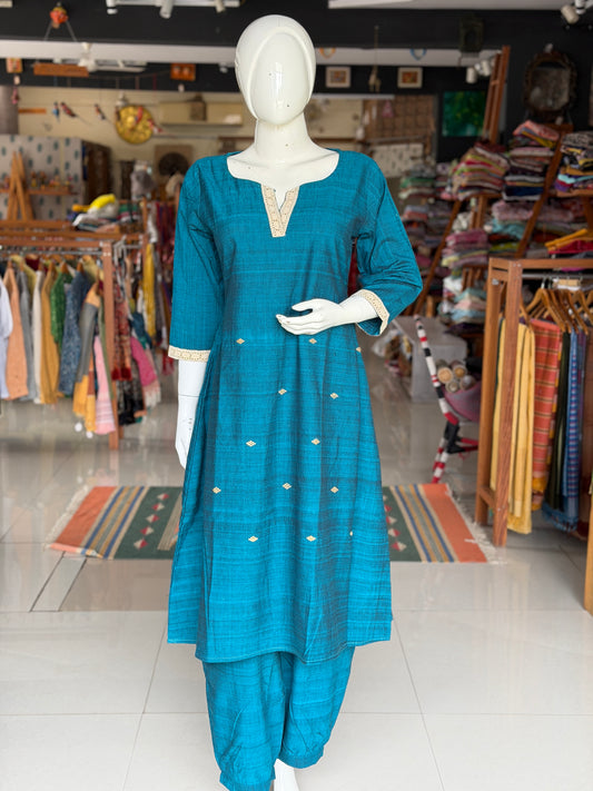Turquoise Assam handloom cotton coord set with woven butis