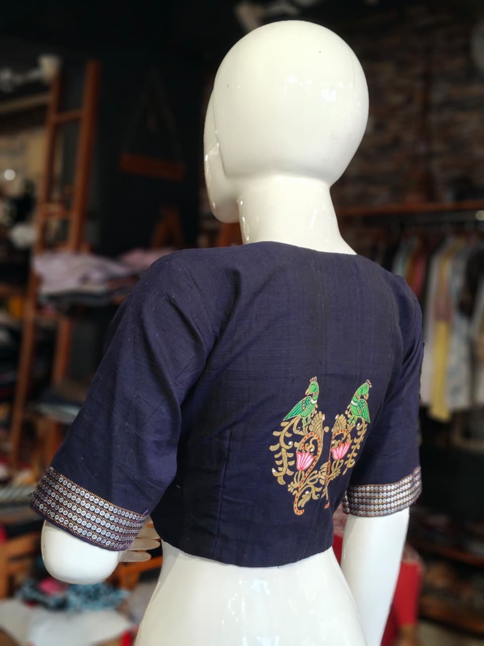 Handloom cotton elbow sleeves with borders blouse - Handpainted / Hand embroidered