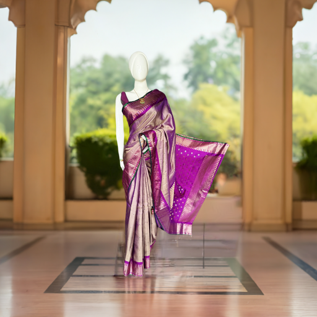 Purple and gold dual tone pure silk twill weave handwoven Gadwal saree with green selvedge