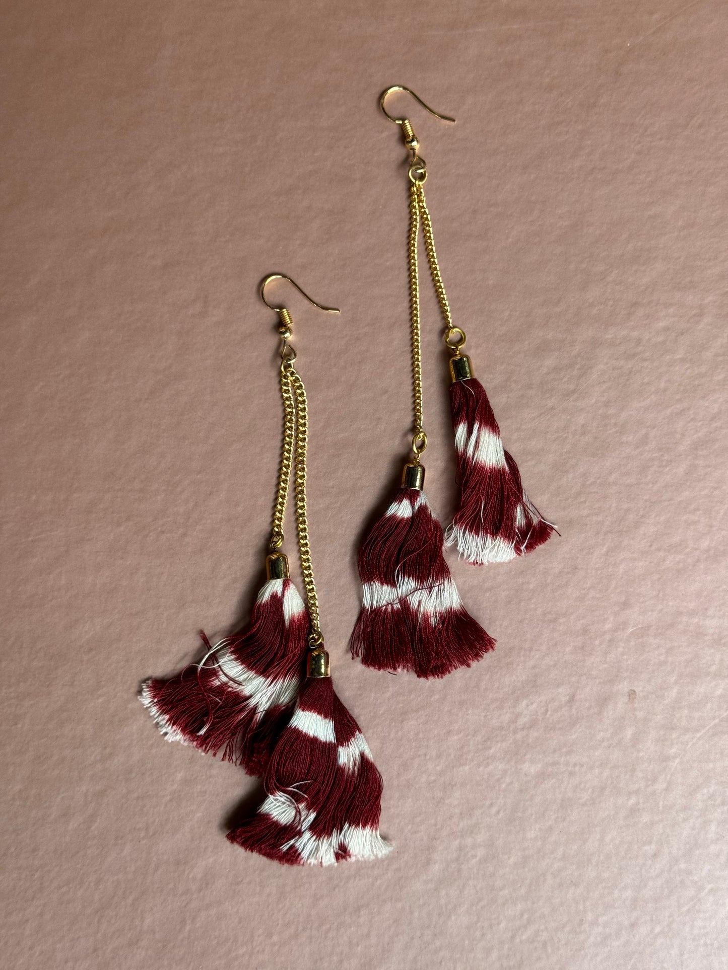 Ikat tie dye threads long tassle ear rings / hooks