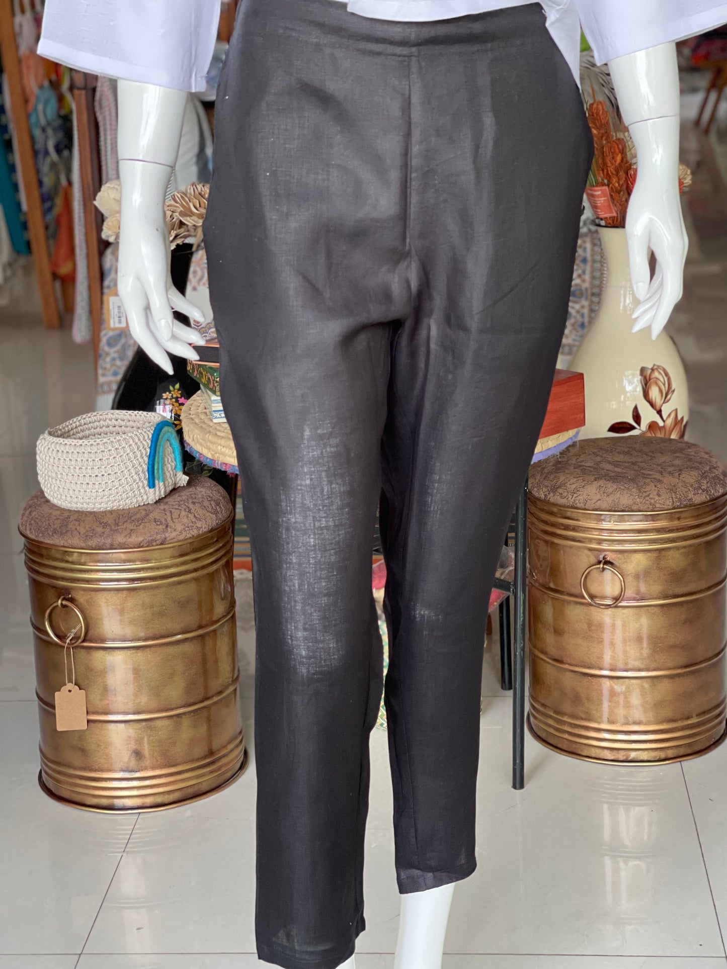 Black natural hemp straight pants for women