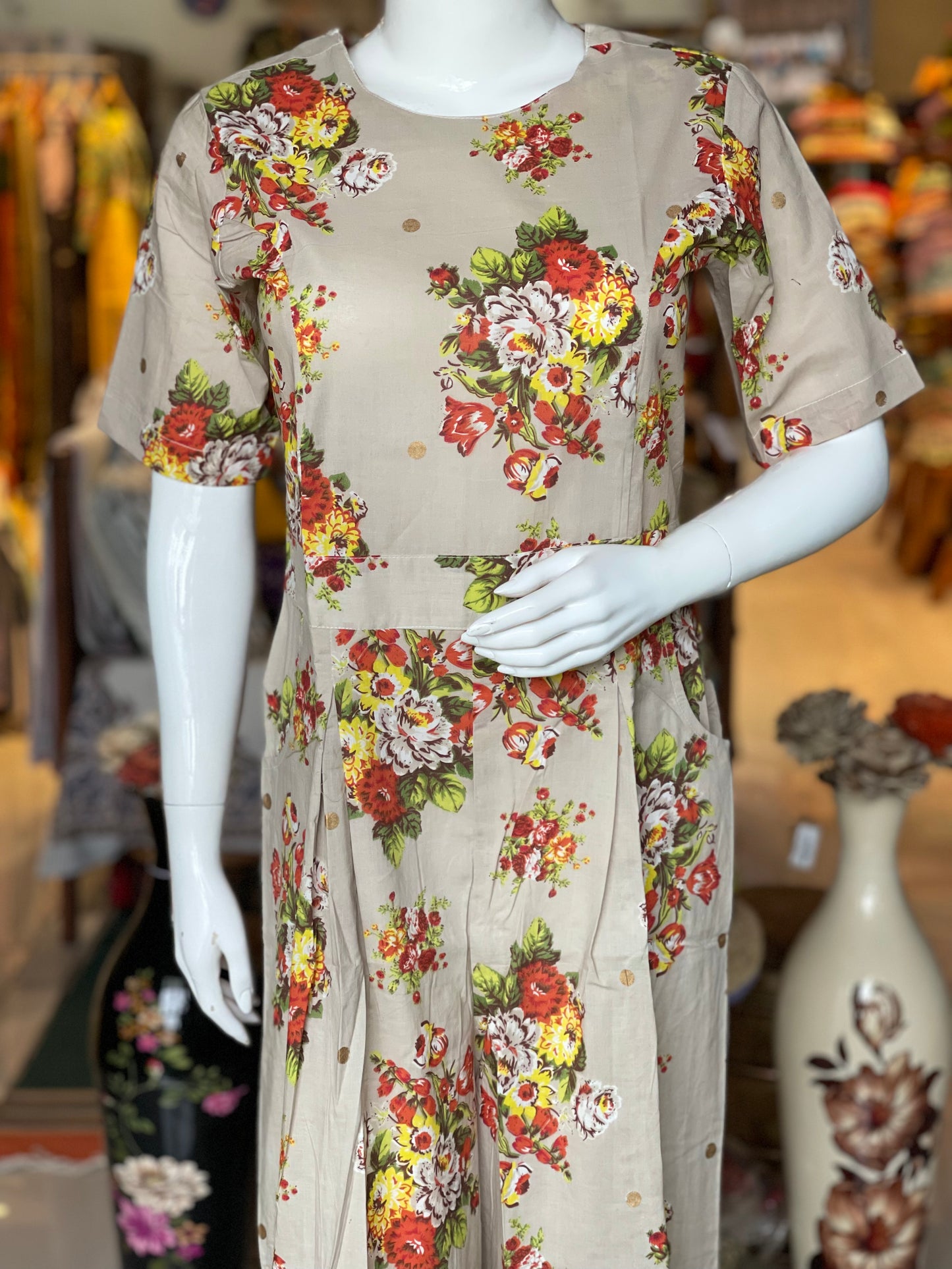 Beige floral cotton jumpsuit
