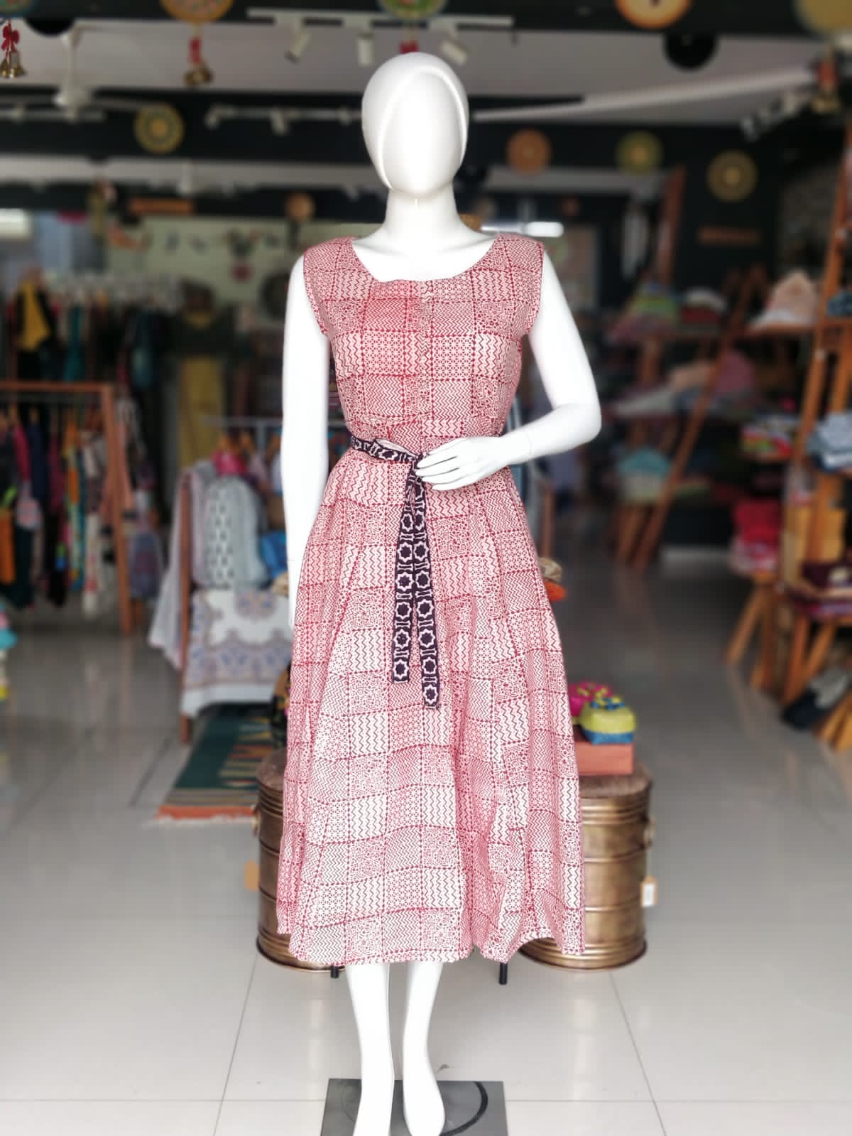Cream with maroon hand block printed soft cotton kalis dress with belt