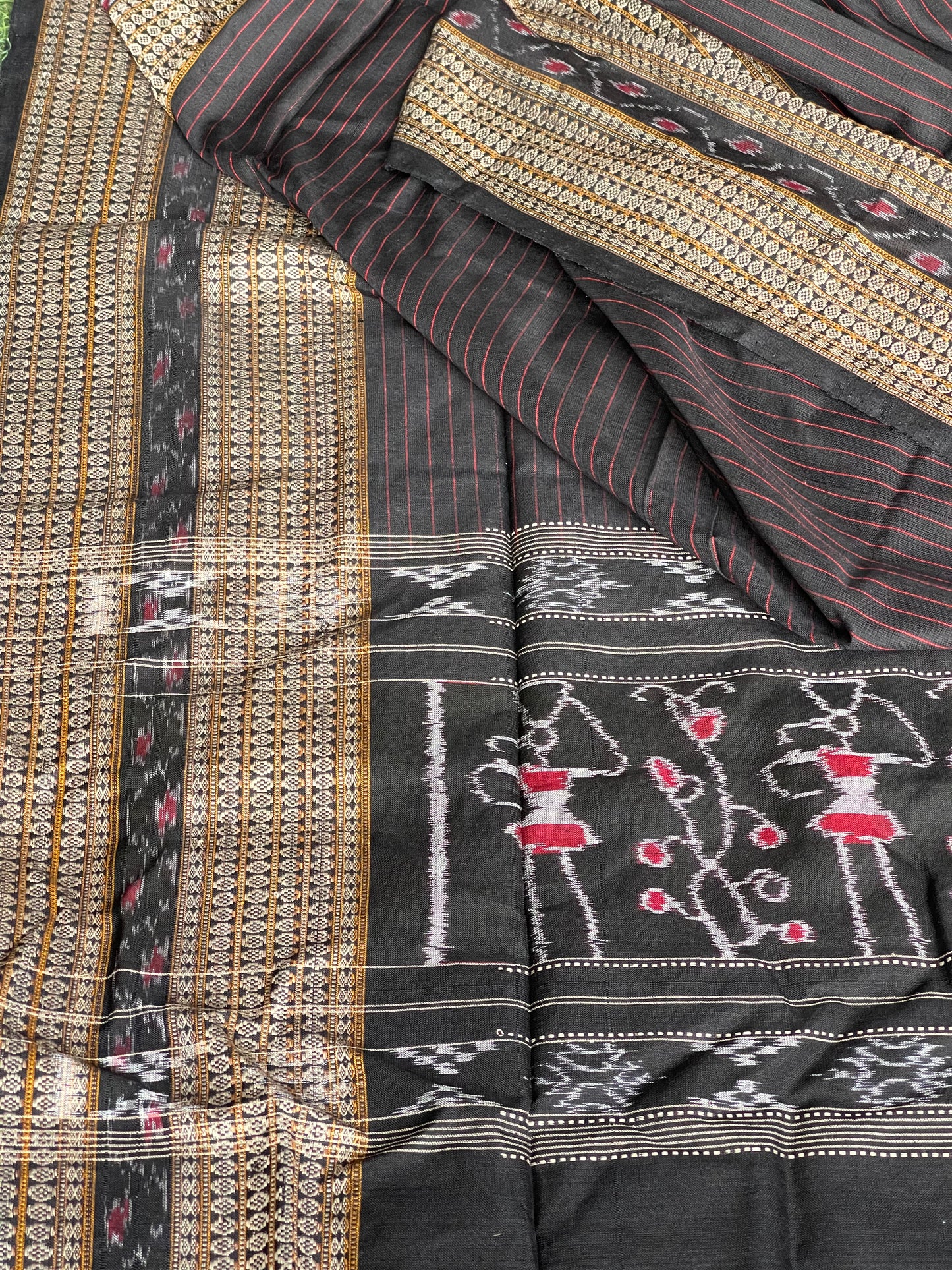 Ikat handloom black cotton dupatta with stripes body and wide borders