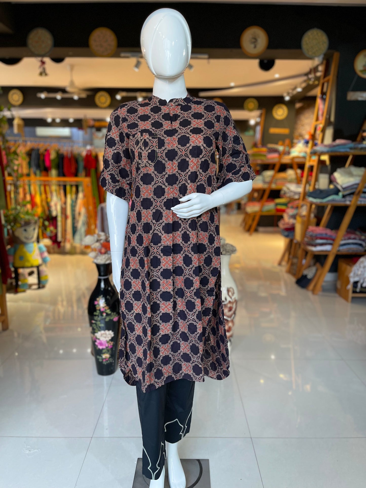 Black ajrakh hand block printed straight kurti with pocket and matching black gota pants set