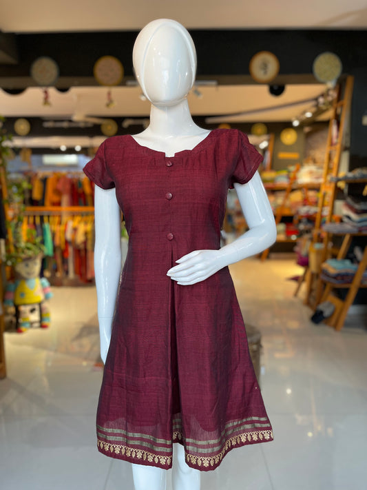 Maroon handloom Assam cotton dress with front pleat and border at hem