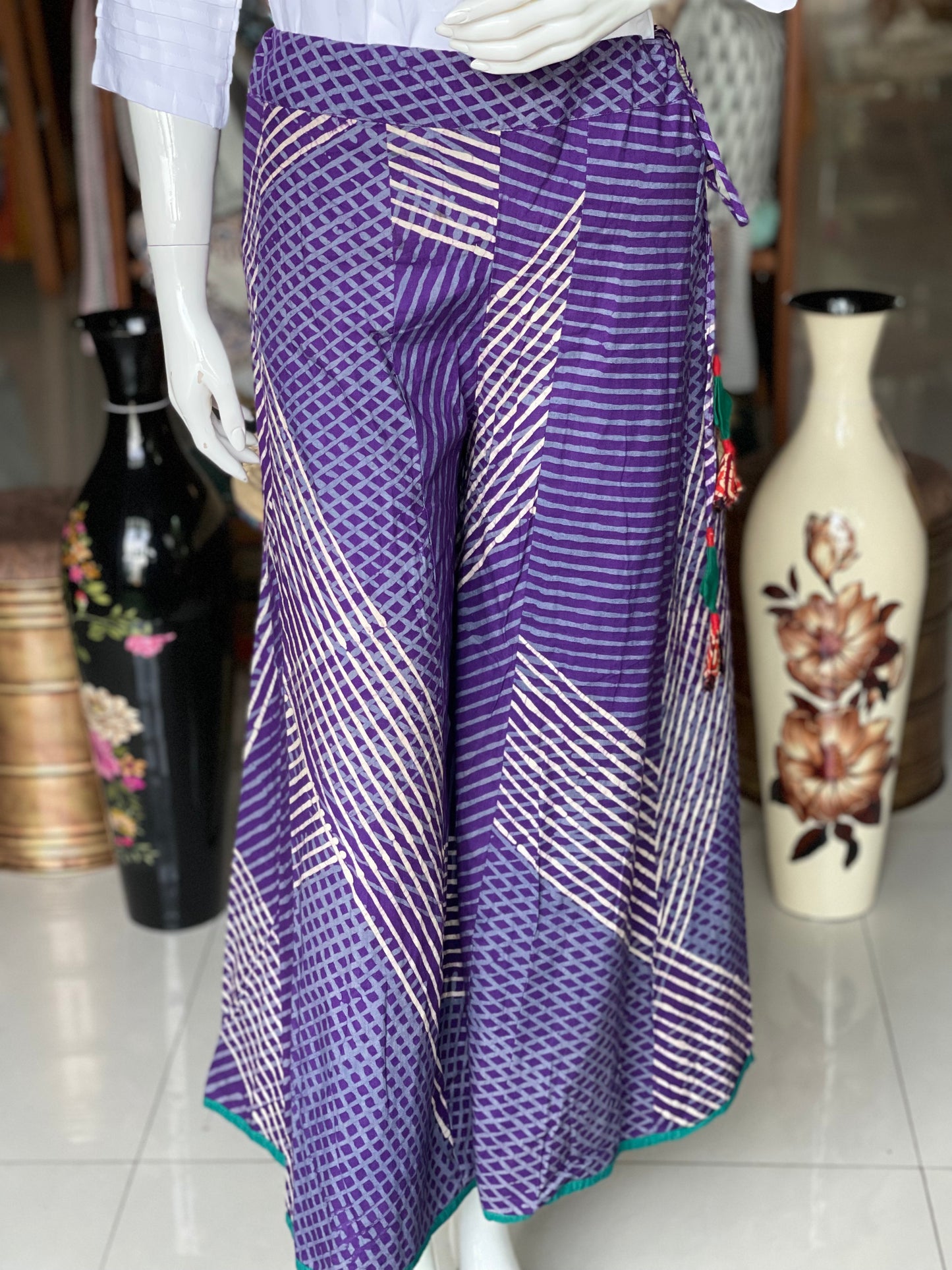Violet criss cross design hand block Batik cotton free size plazo with waist draw string