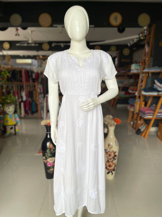 White chikankari hand embroidered rayon dress with elastic at waist and short sleeves