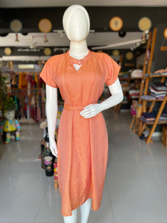 Orange textured 4 pedal handwoven cotton dress with raglan sleeves and belt