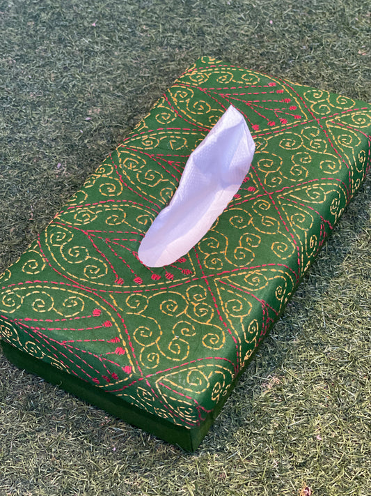 Green Kantha hand embroidered tissue box