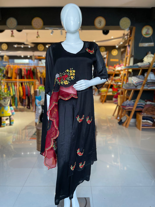 Black and red asymmetric cape style embroidered top with plazo