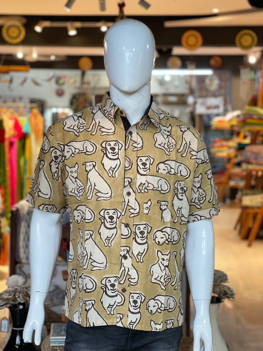 Mustard dogs print half sleeves mens natural dye, hand block printed cotton shirt