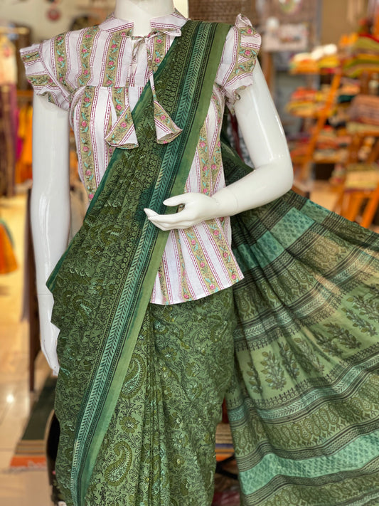 Green paisleys and flowers hand block printed cotton saree