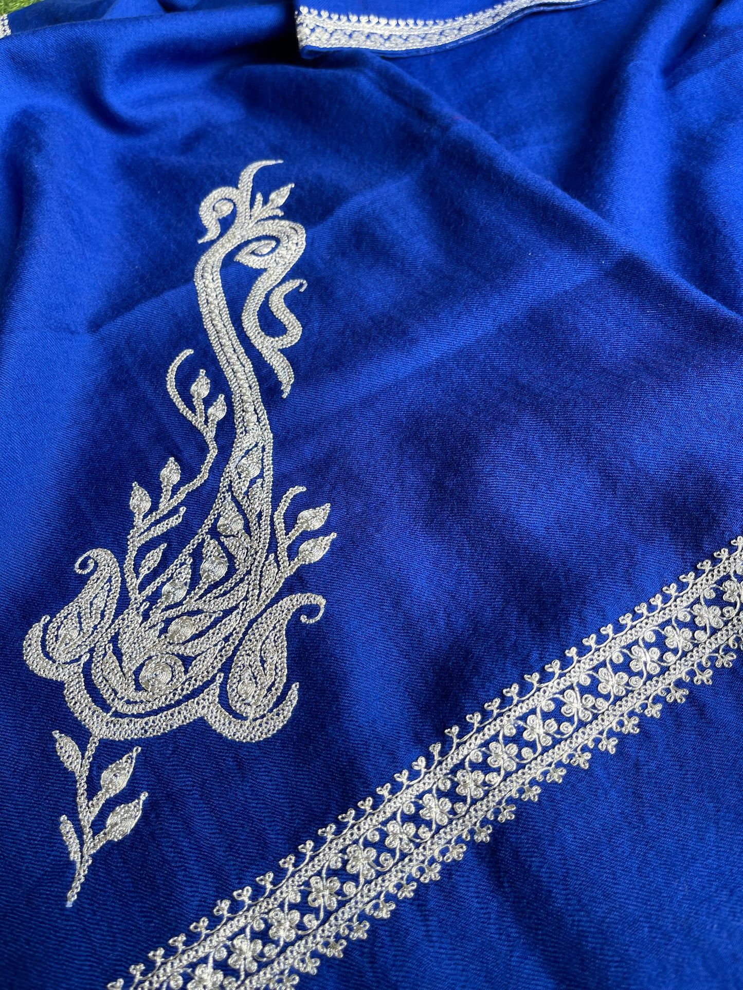 Royal blue Kashmiri Tilla hand embroidered Marino wool stole