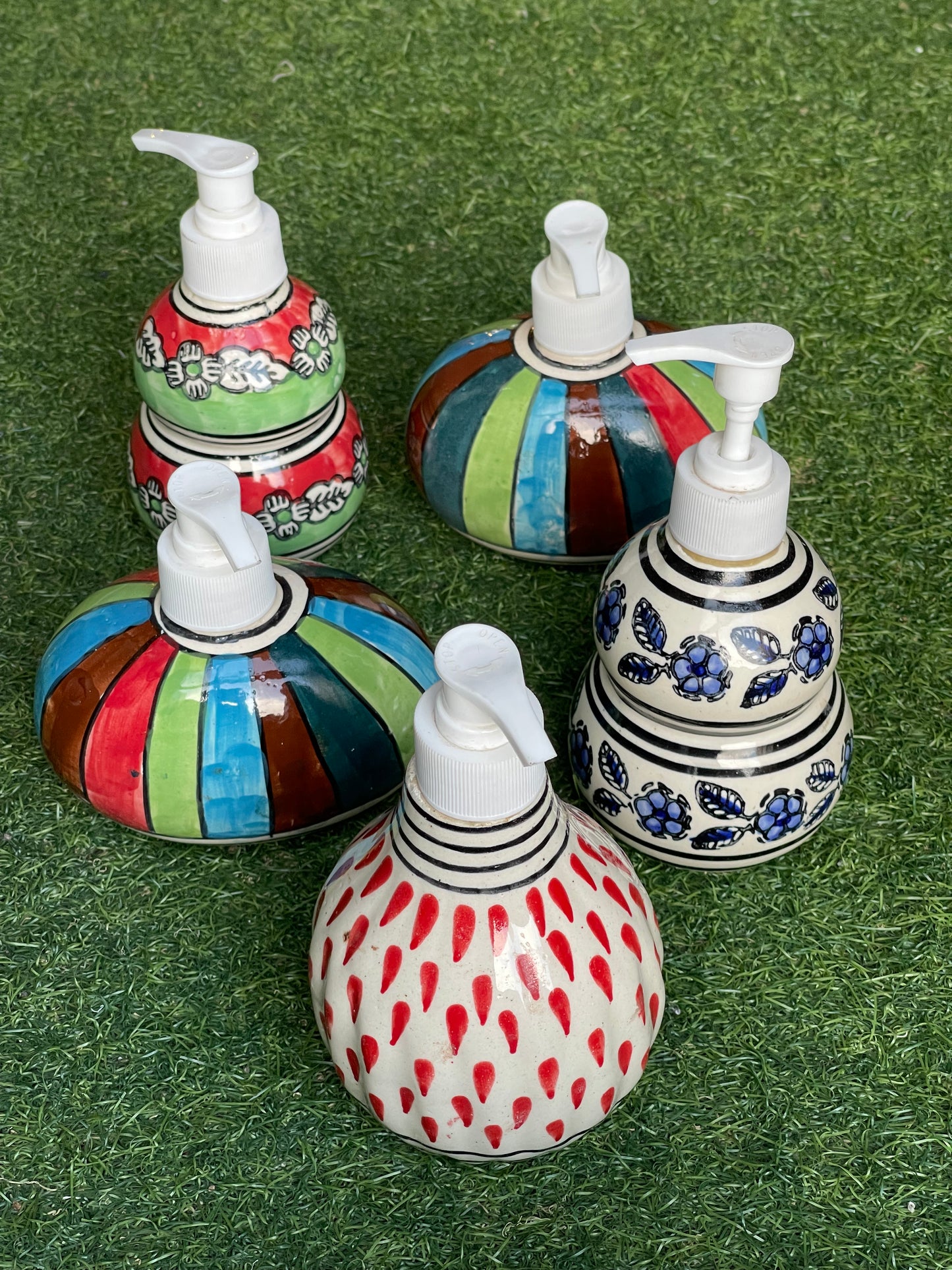 Colourful stripes ceramic hand crafted soap dispenser