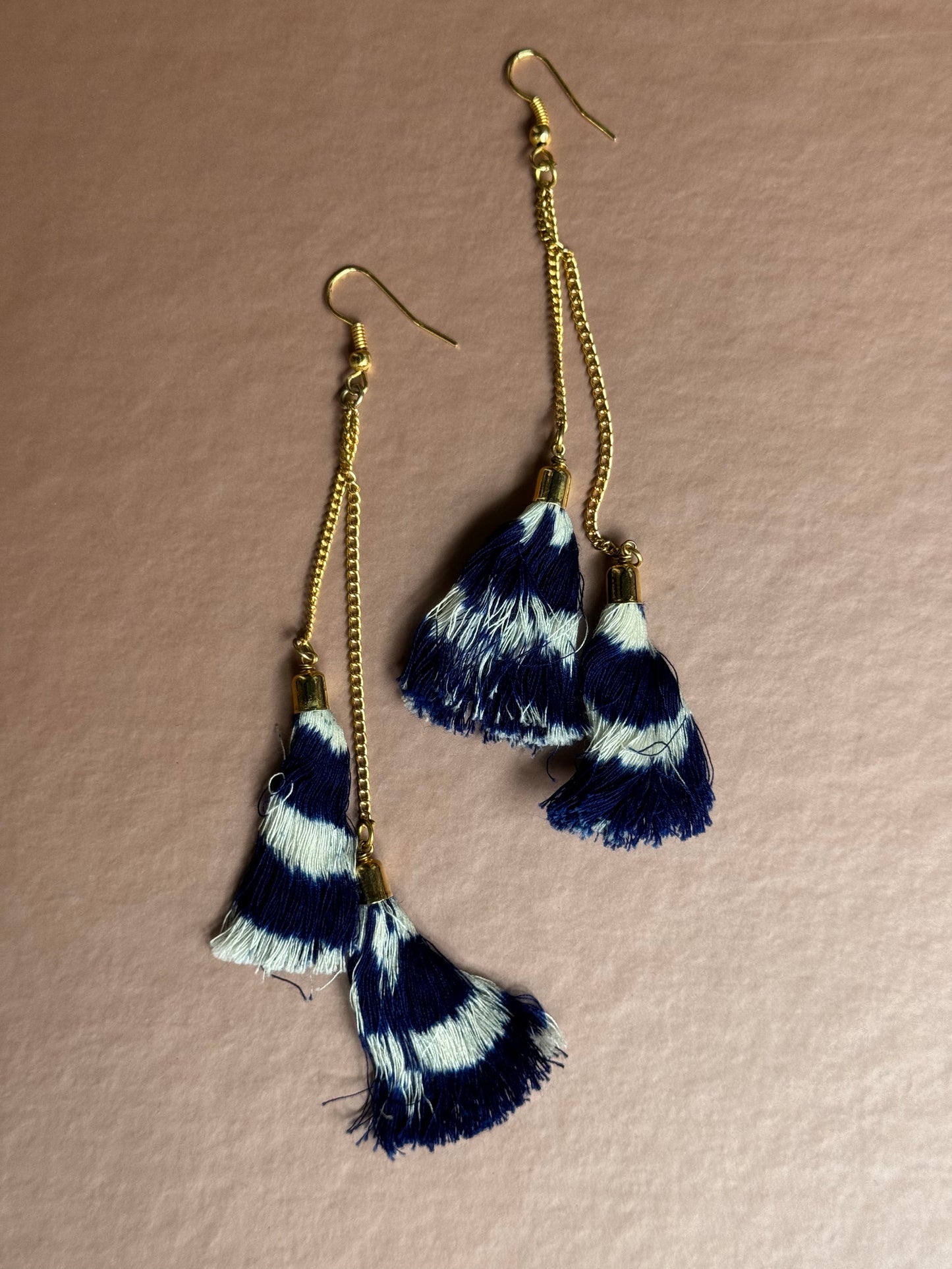 Ikat tie dye threads long tassle ear rings / hooks