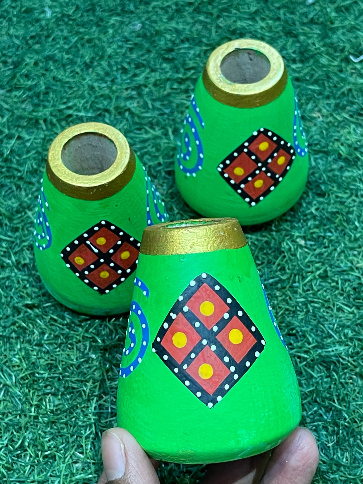 Wooden hand painted miniature pots - tooth pick holder / mini vase