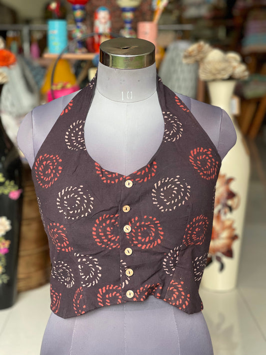 Black spiral print Ajrakh cotton halter neck crop top blouse