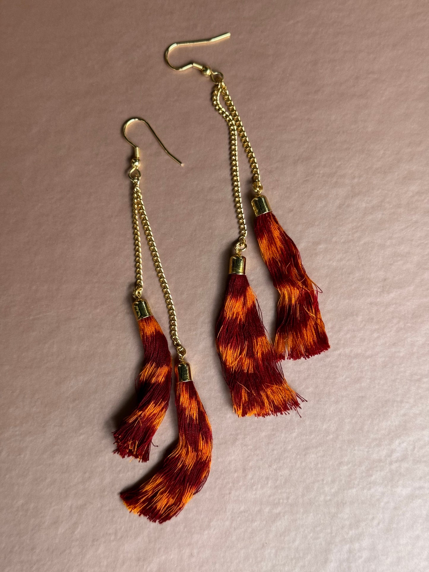 Ikat tie dye threads long tassle ear rings / hooks