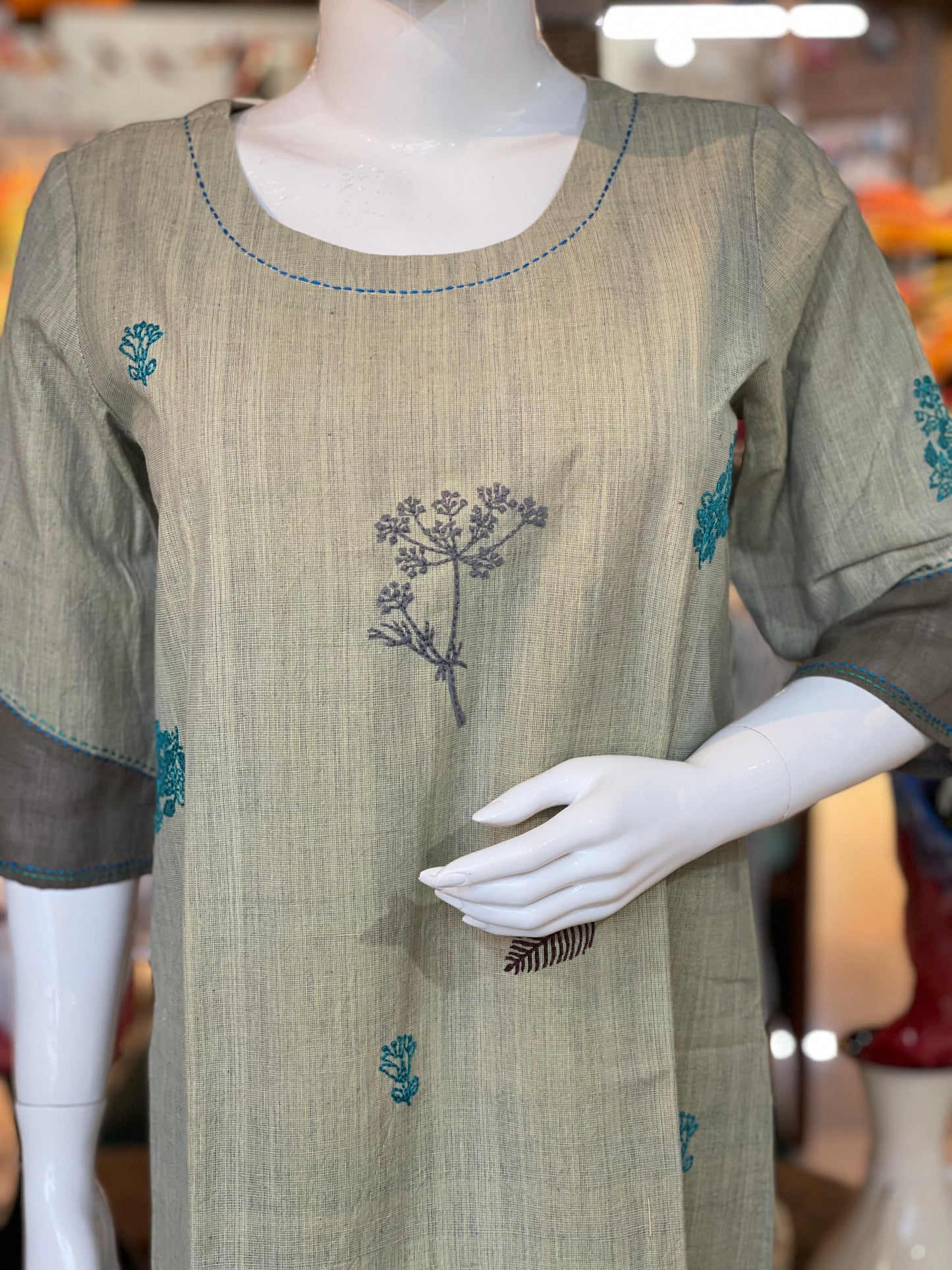 Green and blue hand woven, natural dyed cotton kurti with hand embroidery