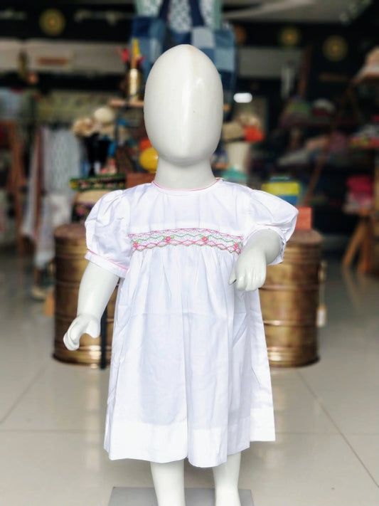 White hand embroidered smocking frock for little girls