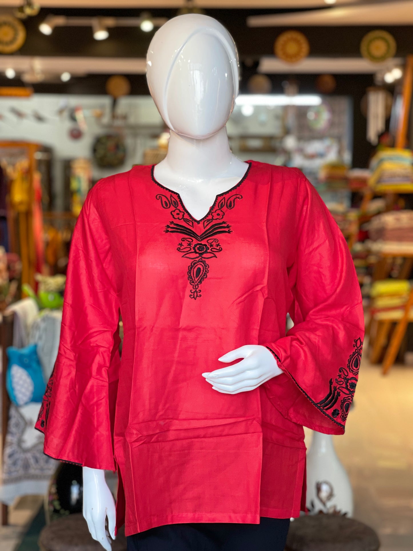 Red flared sleeves embroidered short top