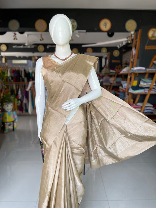 Golden shade Chanderi pure silk tissue handwoven saree with stripes on the palla