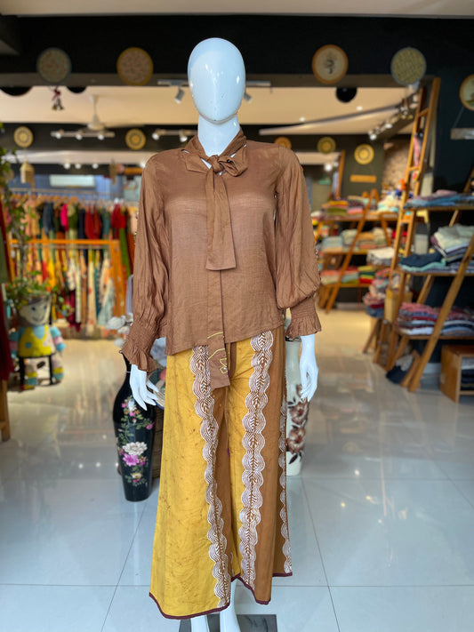 Mustard and Brown hand block Batik cotton free size plazo with waist draw string