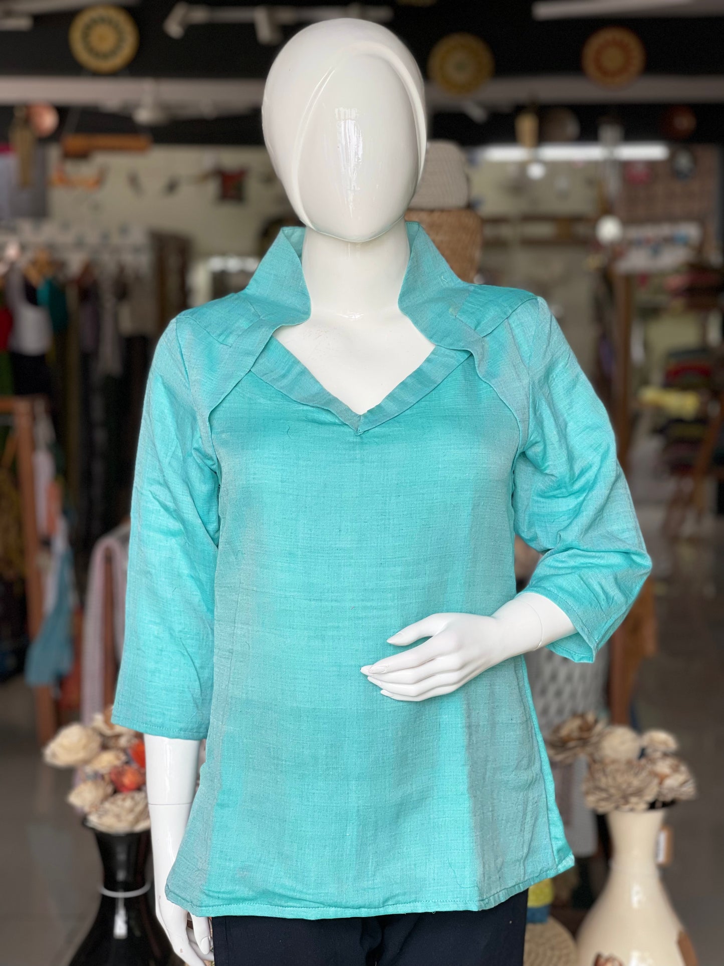 Sea green twill weave handloom soft cotton designer tunic