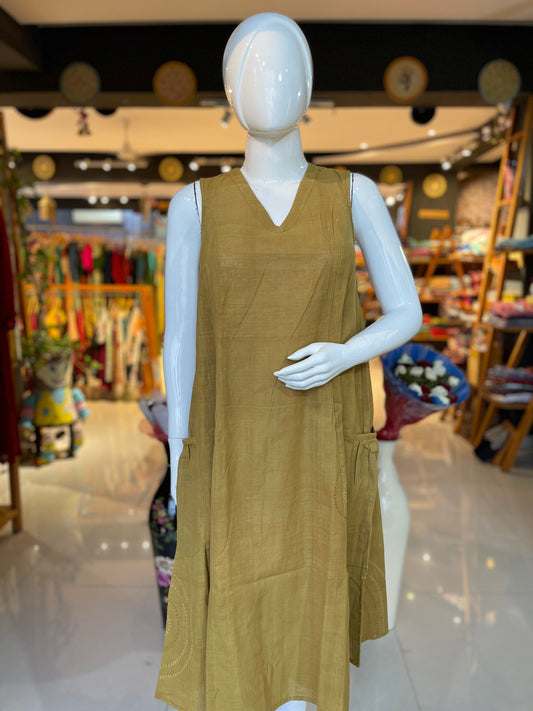 Mehendi green organic handloom cotton dress with hand embroidery and pockets