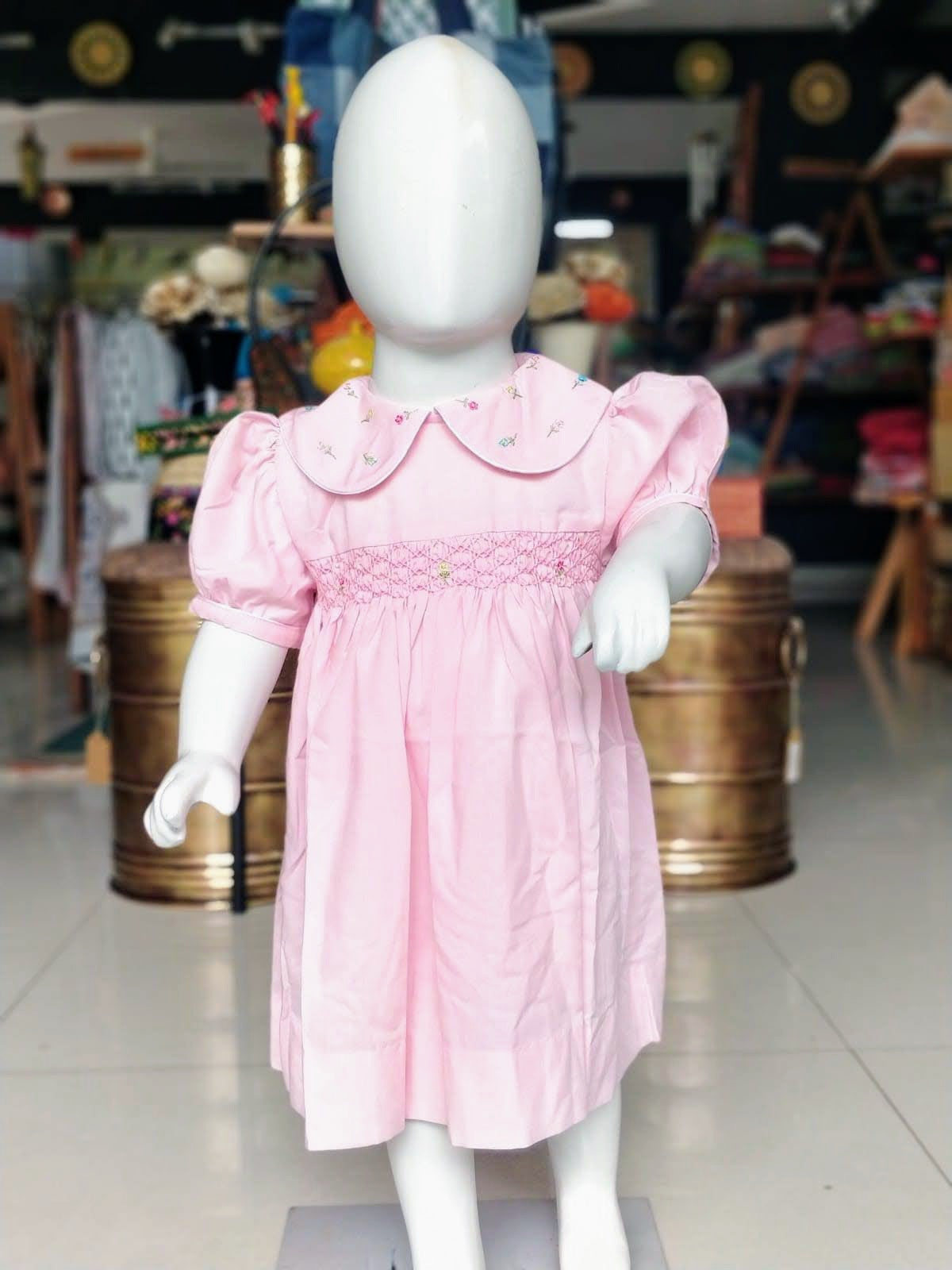 Baby pink hand embroidered smocking frock for little girls