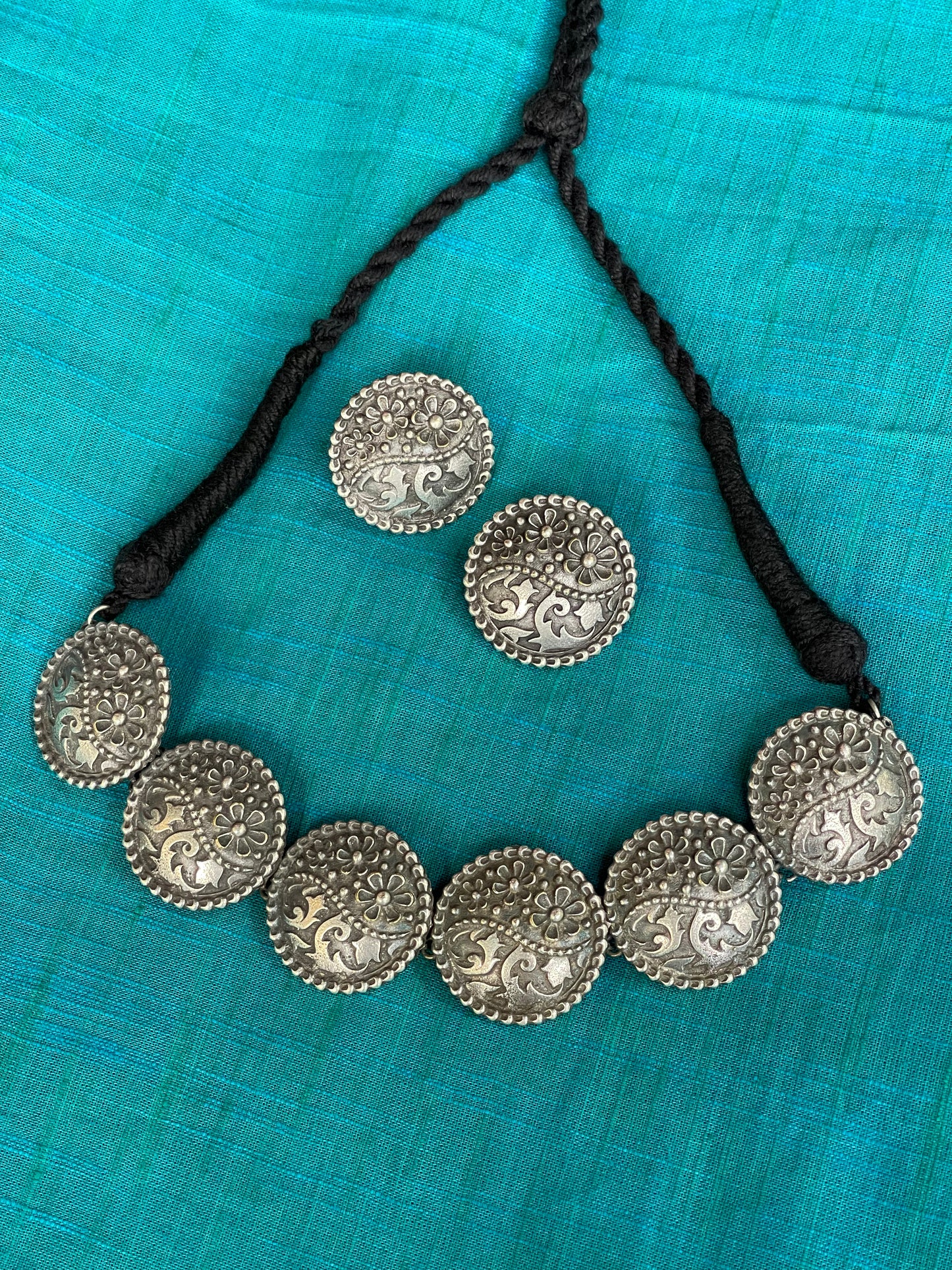 Brass oxidised look choker earrings set with round pieces