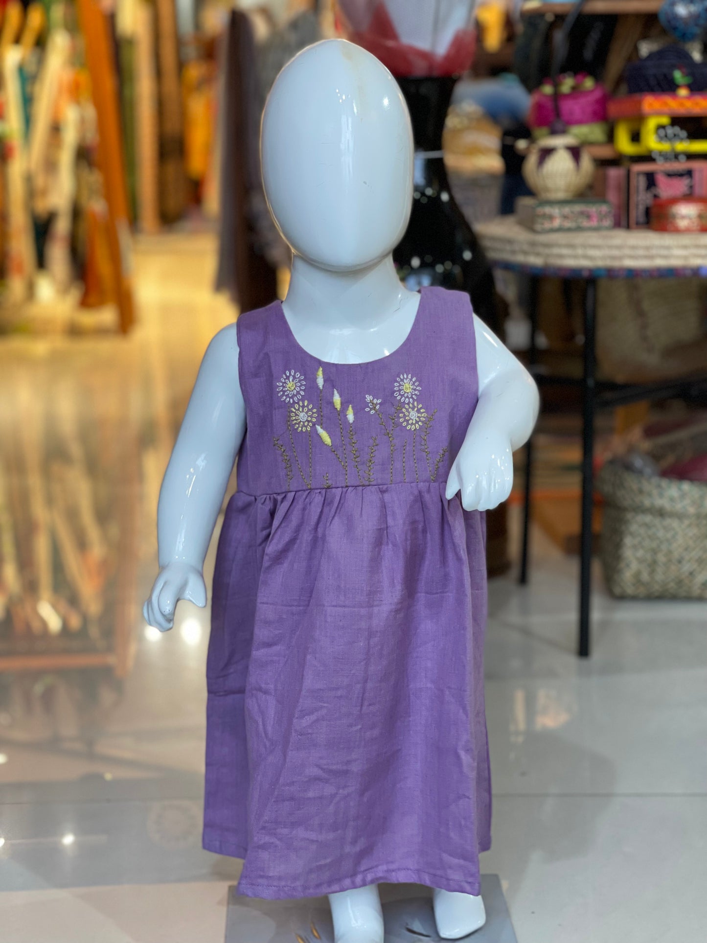 Lavender organic cotton natural dyed frock for girls with floral embroidery