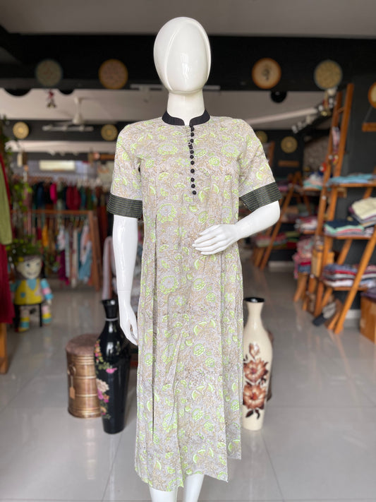 Mint grey floral hand block printed cotton dress