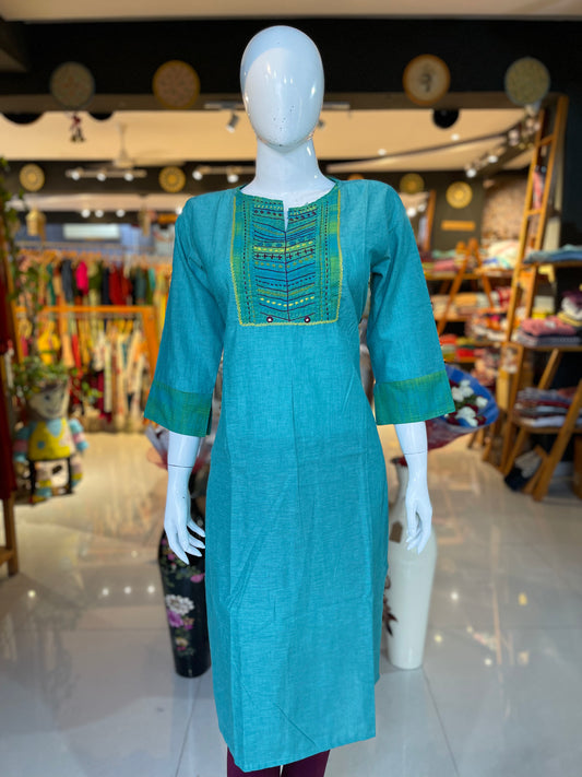 Sea Green cotton kurti with hand embroidery on yoke