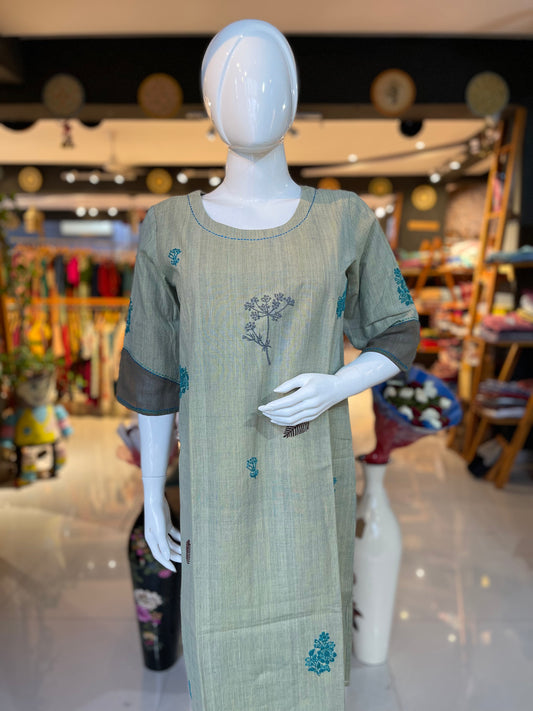 Green and blue hand woven, natural dyed cotton kurti with hand embroidery