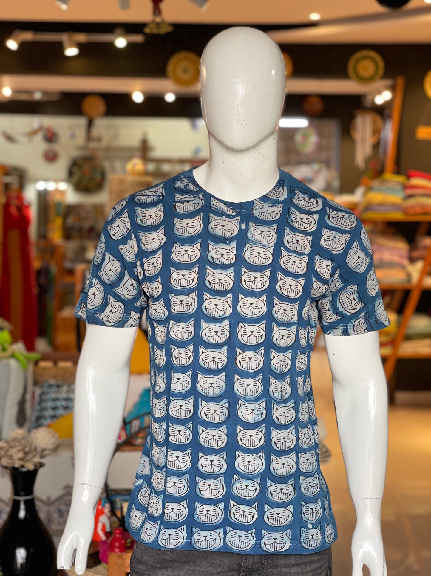 Blue cat lovers tee - hand block printed natural dyed cotton t-shirt