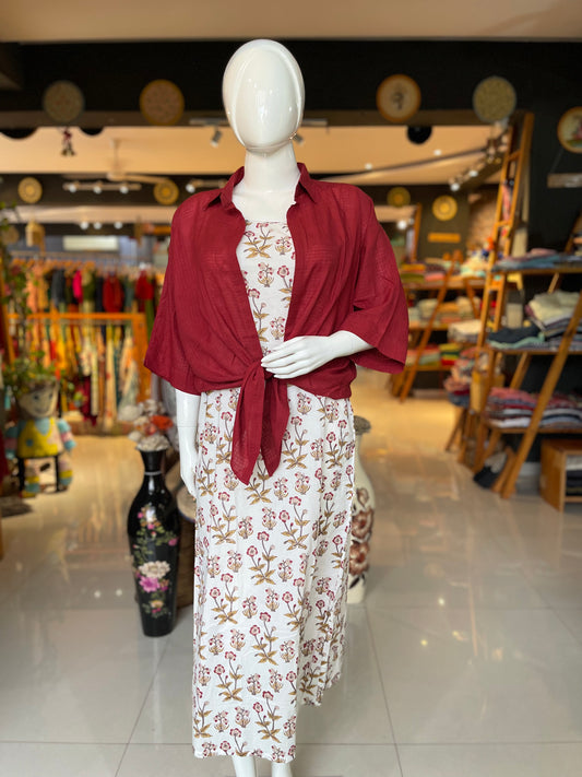 White floral hand block printed spaghetti dress with slit and oversized shirt style jacket