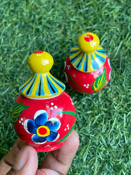 Red hand painted wooden Haldi kumkum bharini / dibbi pair