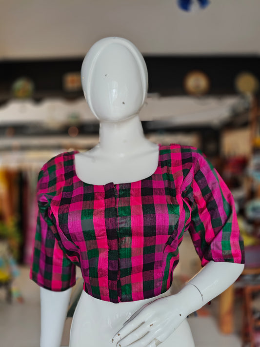Green, purple and pink checkered handwoven pure silk elbow sleeved blouse