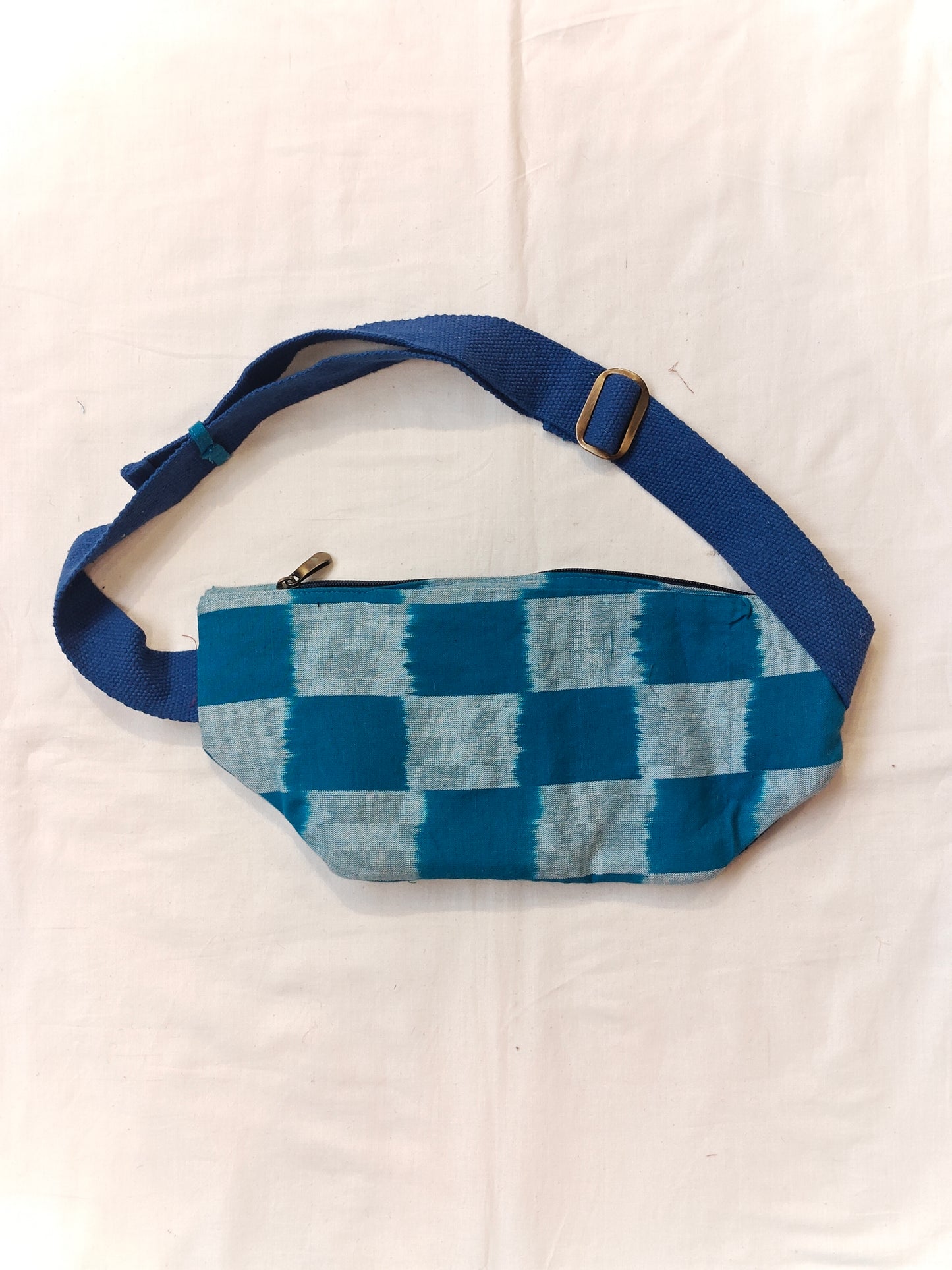 Waist fanny pack with multicolour fabric panels - Handmade jute bag