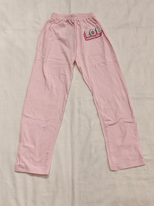 Pink cotton track pants with LOL print for girls