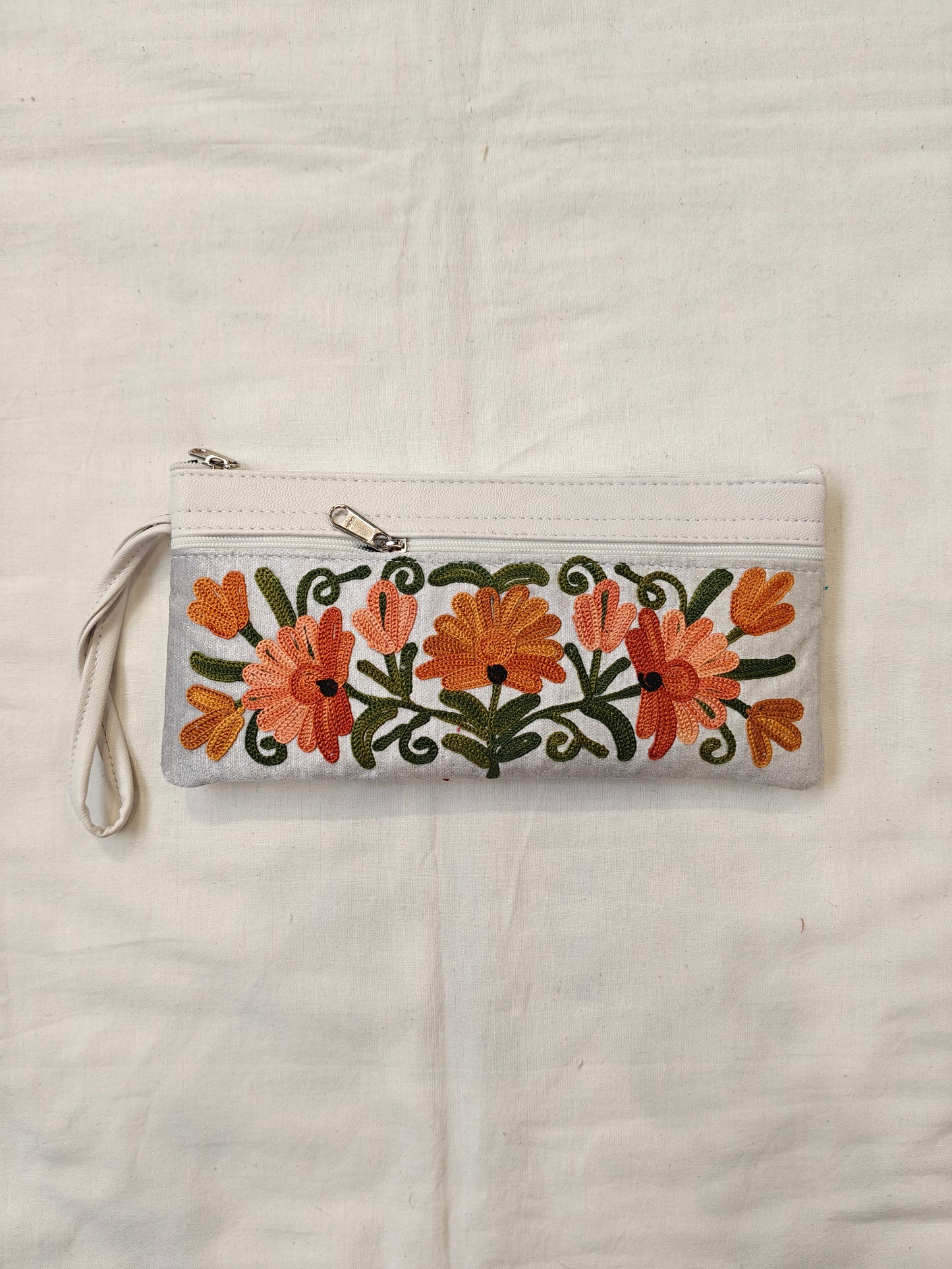Wristlet pouch featuring Kashmiri floral Aari embroidery - 3 zippers